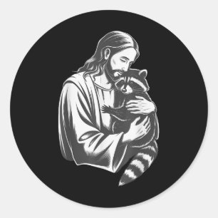 Sticker Rond Raccoon Jesus Hugging
