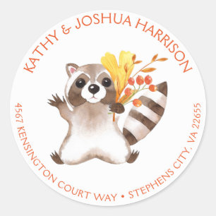 Sticker Rond Raccoon mignon avec les feuilles automnales Adress