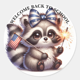 Sticker Rond Raccoon Patriotique Retourner À L'École