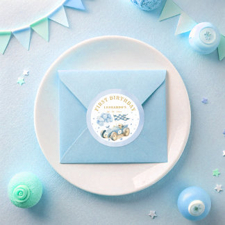 Sticker Rond Race Car Blue Watercolor Boy First Birthday