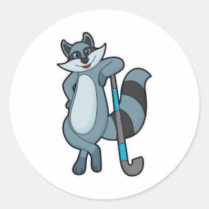 Sticker Rond Racoon à Hockey avec bâton de hockey