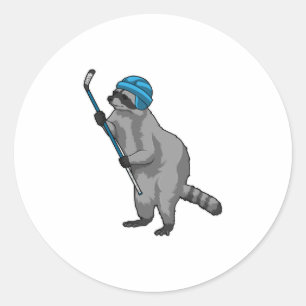 Sticker Rond Racoon au hockey sur glace avec bâton de hockey su