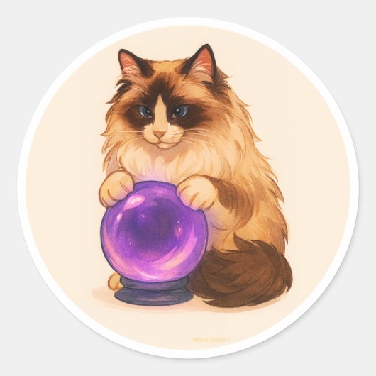 Sticker Rond Ragdoll cat with purple crystal ball (Devant)