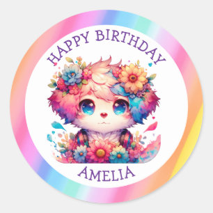 Sticker Rond Rainbow Anime Chiot Anniversaire Gâteau Personnali