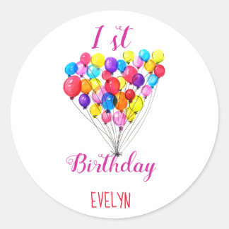 Sticker Rond Rainbow BALLOON Girl 1er anniversaire Aquarelle ro