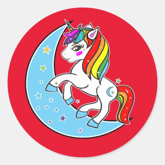 Sticker Rond Rainbow Celestial Blue Moon & Stars Unicorn (Devant)