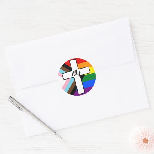 Sticker Rond Rainbow Cross Progress Pride Flag Ally (Enveloppe)