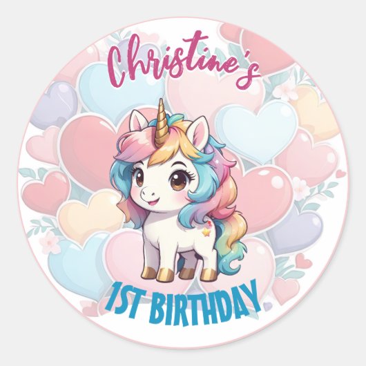 Sticker Rond Rainbow Cute Unicorn & Coeurs Anniversaire Personn (Devant)