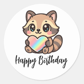 Sticker Rond Rainbow Heart Happy Kawaii Raccoon Happy Birthday