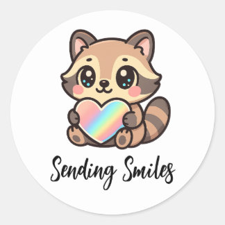 Sticker Rond Rainbow Heart Happy Kawaii Raccoon Sending Smiles