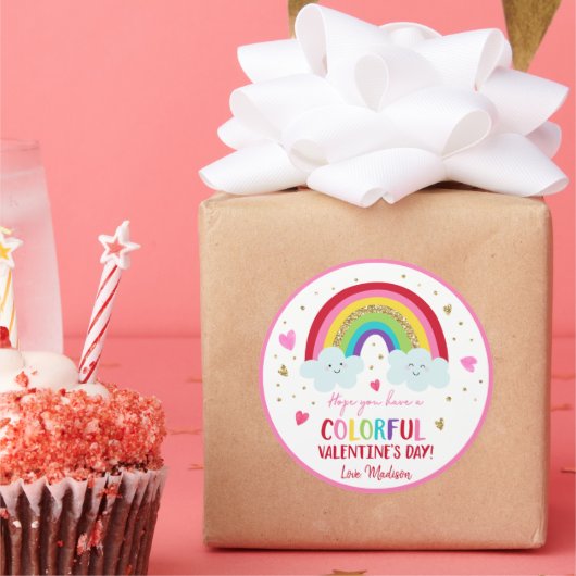 Sticker Rond Rainbow Pink Gold Hearts Saint-Valentin (Fête)