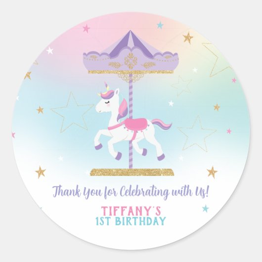 Sticker Rond Rainbow Unicorn Carousel 1er anniversaire Parties (Devant)