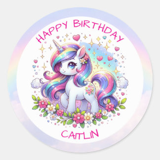 Sticker Rond Rainbow Unicorn Girl's Birthday Party Personalized