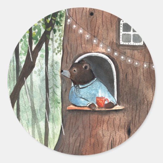 Sticker Rond Rainy Day Bear Daydream Tea Time illustration (Devant)