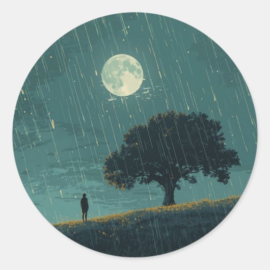 Sticker Rond Rainy Solitude – Lonely Person & Tree Illustration (Devant)