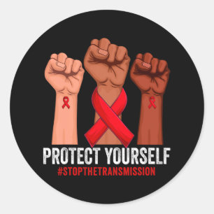 Sticker Rond Raising Hand Protect Yourself HIVAIDS Awareness Re