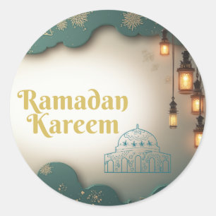 Sticker Rond Ramadan Élégance Lanternes Vertes et Dorées et Mos