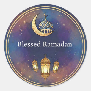 Sticker Rond Ramadan Mubarak Nuit Élégante Étoiles & Lanterne e