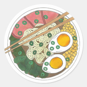 Sticker Rond Ramen Noodles Bowl Restauration Japonaise Foin