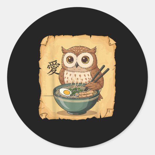 Sticker Rond Ramen Owl Noodle Kawaii Lover Japanese Funny Graph (Devant)
