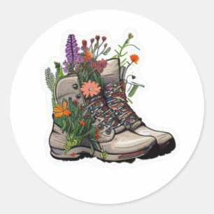 Sticker Rond Randonnée fleur sauvage Boot : Explorez la nature 