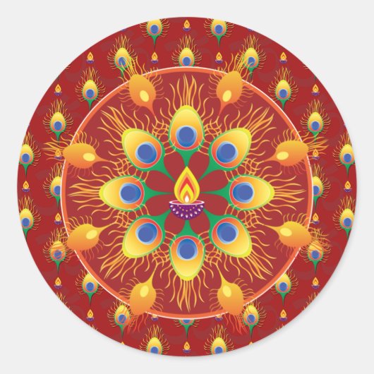 Sticker Rond Rangoli de plumes de paons sur le motif (Devant)