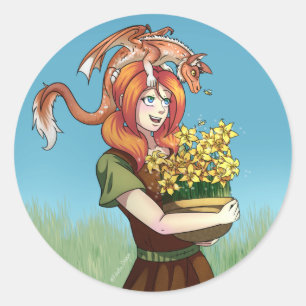 Sticker Rond Rassembler les fleurs avec un dragon