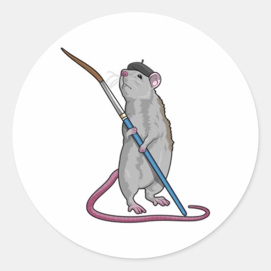 Sticker Rond Rat comme Peintre avec pinceau (Devant)
