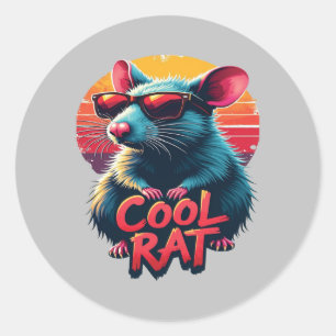 Sticker Rond Rat cool avec lunettes de soleil Retro Sunset Desi