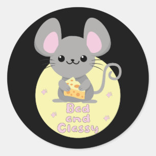 Sticker Rond Rat Kawaii mauvais et classe mangeant du fromage j