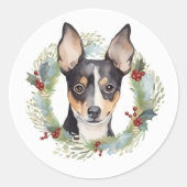 Sticker Rond Rat Terrier Fête de Noël Wreath Pup (Devant)