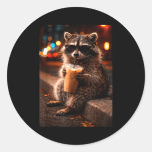 Sticker Rond Raton laveur buvant du café glacé drôle de panda p