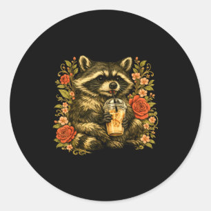 Sticker Rond Raton laveur buvant un café glacé mème animal drôl