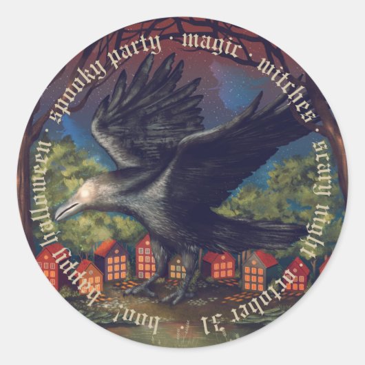 Sticker Rond Raven Moonlight sorcières Halloween Nuit (Devant)