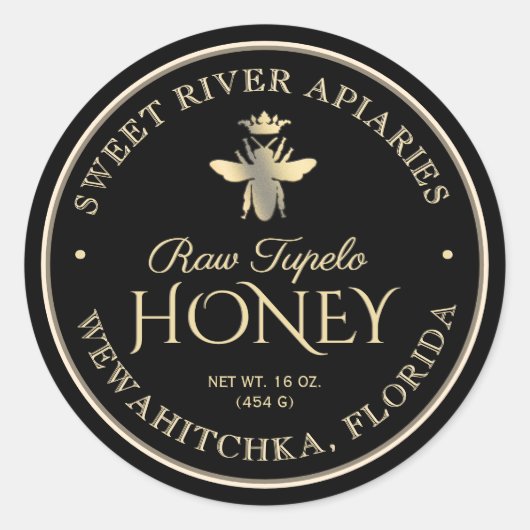 Sticker Rond Raw Tupelo Honey Black Gold Queen Bee (Devant)