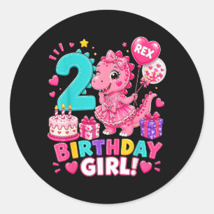 Sticker Rond Rawr 2 Deux Rex Rose Dinosaure Fille 2ème Annivers