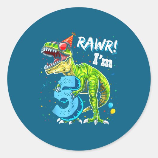 Sticker Rond Rawr I'm 5 5th Birthday T Rex Dinosaur Funny Party (Devant)