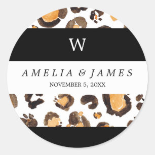 Sticker Rond Rayures Aquarelle Leopard Spots Mariage Monogramme