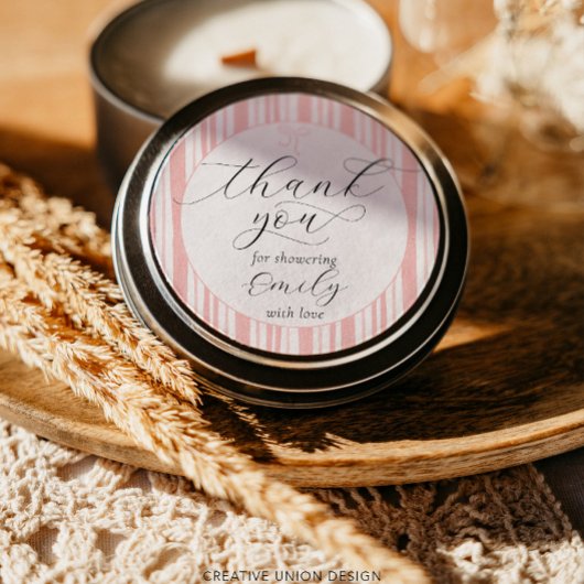 Sticker Rond Rayures Éclectiques Merci Baby shower rose