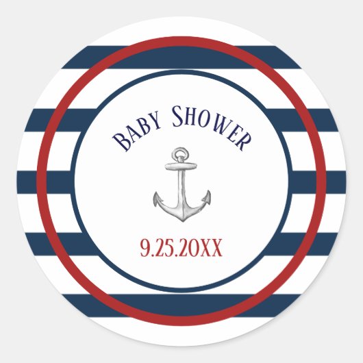 Sticker Rond Rayures nautiques et Baby shower Ancre (Devant)