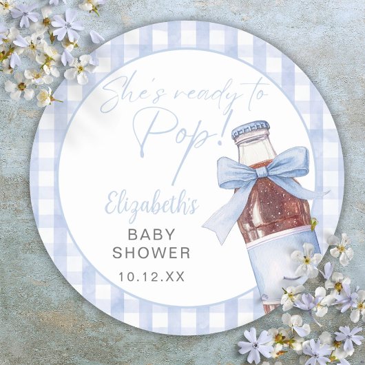 Sticker Rond Ready To Pop Blue Bow Soda Bottle Baby Shower
