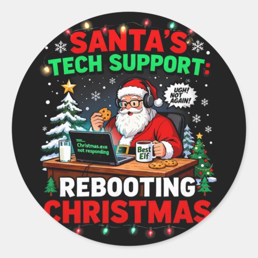 Sticker Rond Rebooting Funny Santa's Tech Support Christmas Com (Devant)