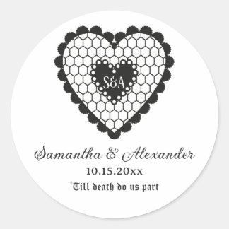 Sticker Rond Réception de mariage à cœur en dentelle noire mono