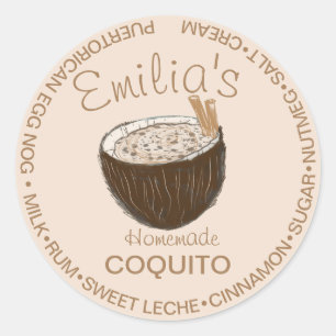 Sticker Rond Recette de Coquito Boisson Noix de Coco Ingrédient
