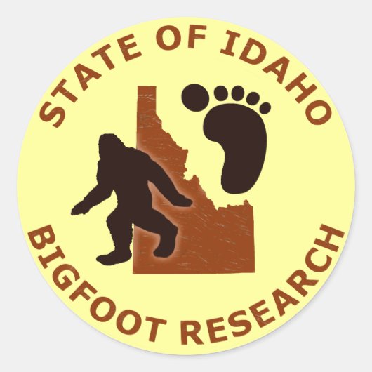 Sticker Rond Recherche sur l'état de l'Idaho Bigfoot (Devant)