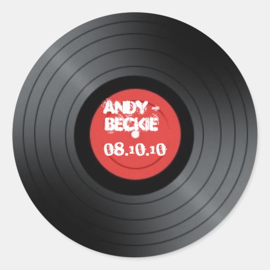 Sticker Rond Record, mariage Rock n Roll. (Devant)