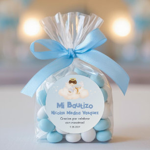 Sticker Rond Recuerdos Bautizo Garçon Angel Baptême Faveurs Cad