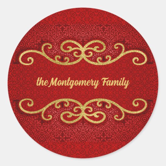 Sticker Rond Red and Gold Damask Swirls (Devant)