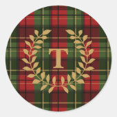 Sticker Rond Red And Green Plaid Tartan Pattern With Monogram (Devant)