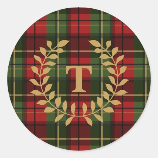 Sticker Rond Red And Green Plaid Tartan Pattern With Monogram (Devant)